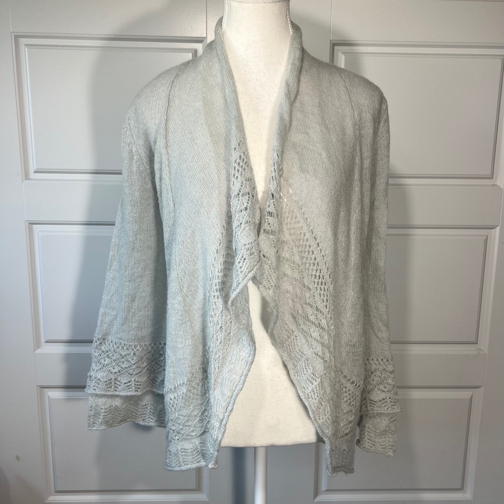 Ann Taylor LOFT Gray Lace Trim Knit Cardigan Open Front Small S‎ Boho